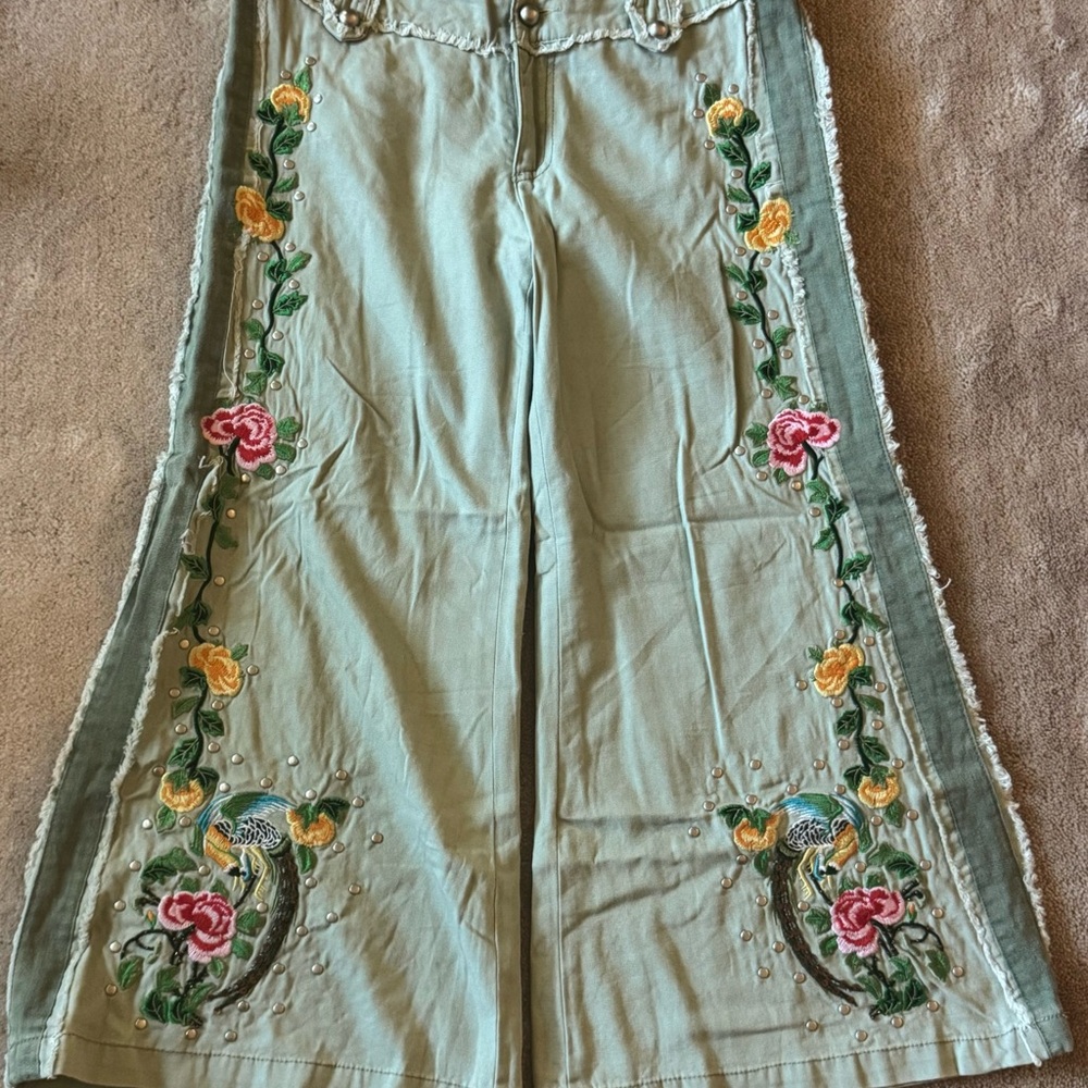 Miss Me Floral Embroidered Low Rise Flare Pants - Picture 1 of 7
